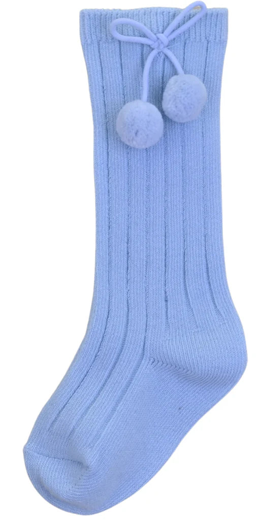 Pom Pom Knee High Socks Blue