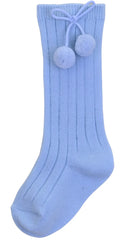 Pom Pom Knee High Socks Blue