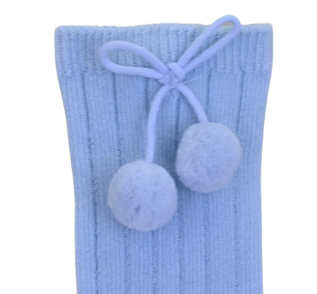 Pom Pom Knee High Socks Blue